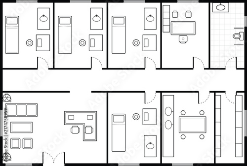 Office Floor Plan Technical Line Drawing with Private Workstations Meeting Room Lounge and Bathroom