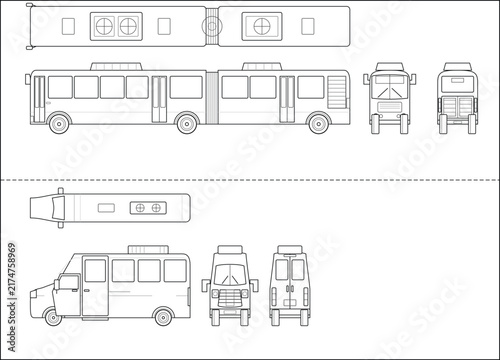 Public Transportation Technical Line Drawing Set with Bus and Minibus Multiple Views