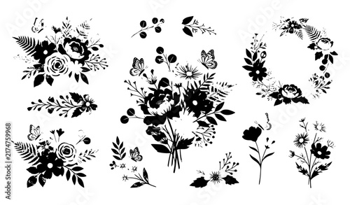 set of black silhouettes of flowers