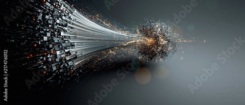 Digital data cluster exploding into geometric particles and light
