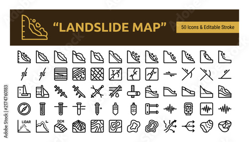 Landslide map icon set for geological and disaster monitoring