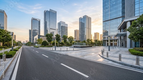 Modern city street with glass skyscrapers manicured trees and a clear sky at dusk