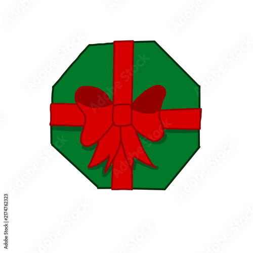 drawn simple green geometric octagonal present box with large red fabric bow and ribbon