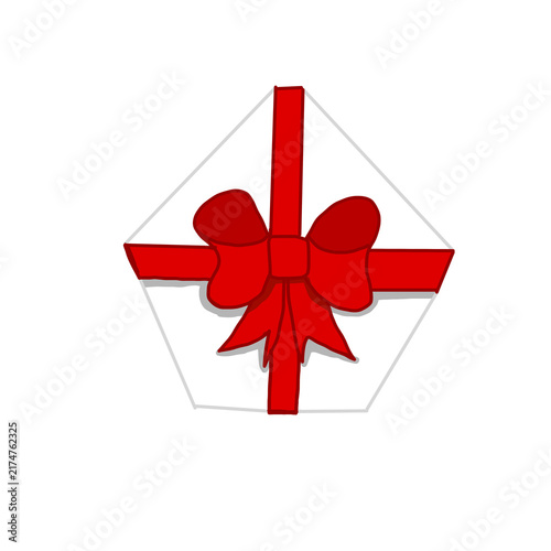 drawn simple white geometric pentagonal gift box with red fabric bow and ribbon