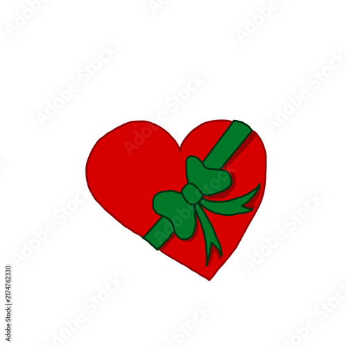 drawn red heart-shaped gift box illustration with green ribbon and bow