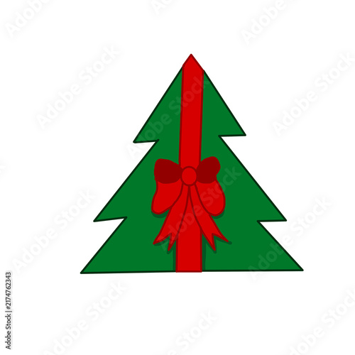 drawn simple green triangular Christmas tree present box with a red ribbon and bow