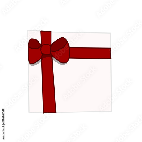 drawn simple white square gift box with red ribbon and bow