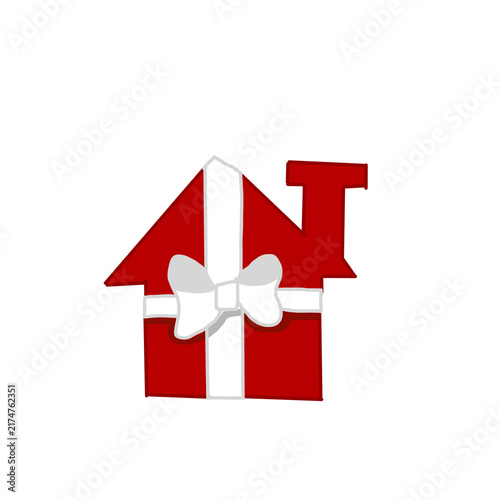 hand drawn flat-color red house-shaped gift with white ribbon and bow