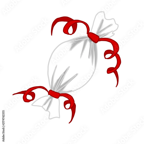 hand drawn wrapped candy illustration with white wrapper and red curly ribbon tails