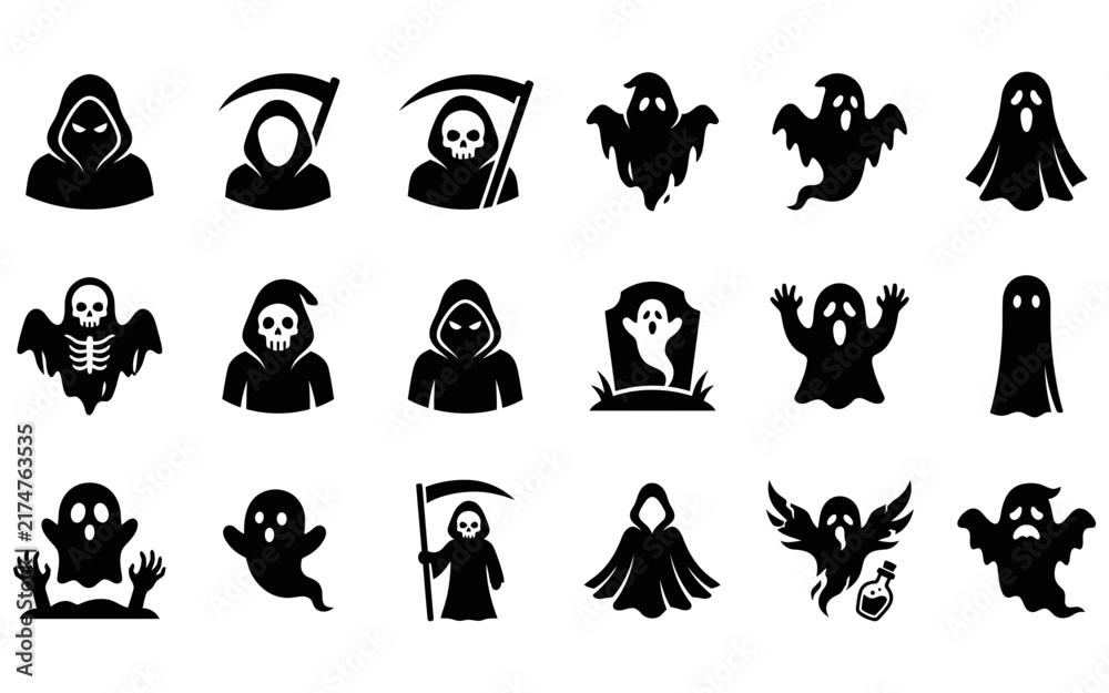 Fototapeta premium Collection of hand drawn halloween ghost and grim reaper character icons isolated on a white background
