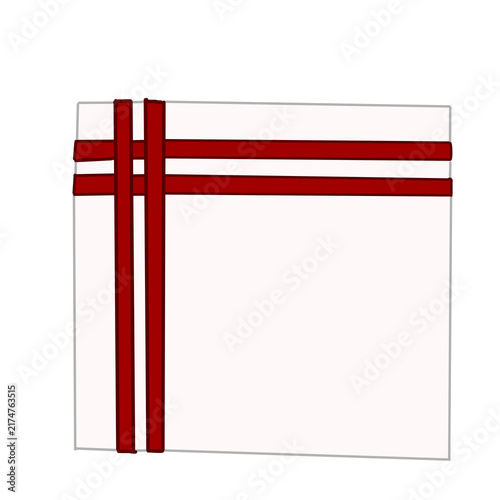 drawn simple white square gift box with double red ribbon stripes