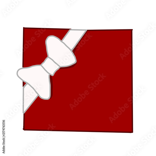 drawn simple red square gift box with diagonal white ribbon and bow