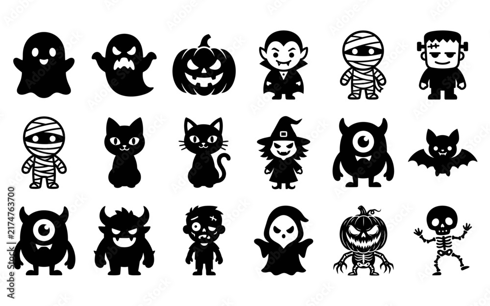 Fototapeta premium Set of cute black and white hand drawn halloween character icons for holiday design and decoration