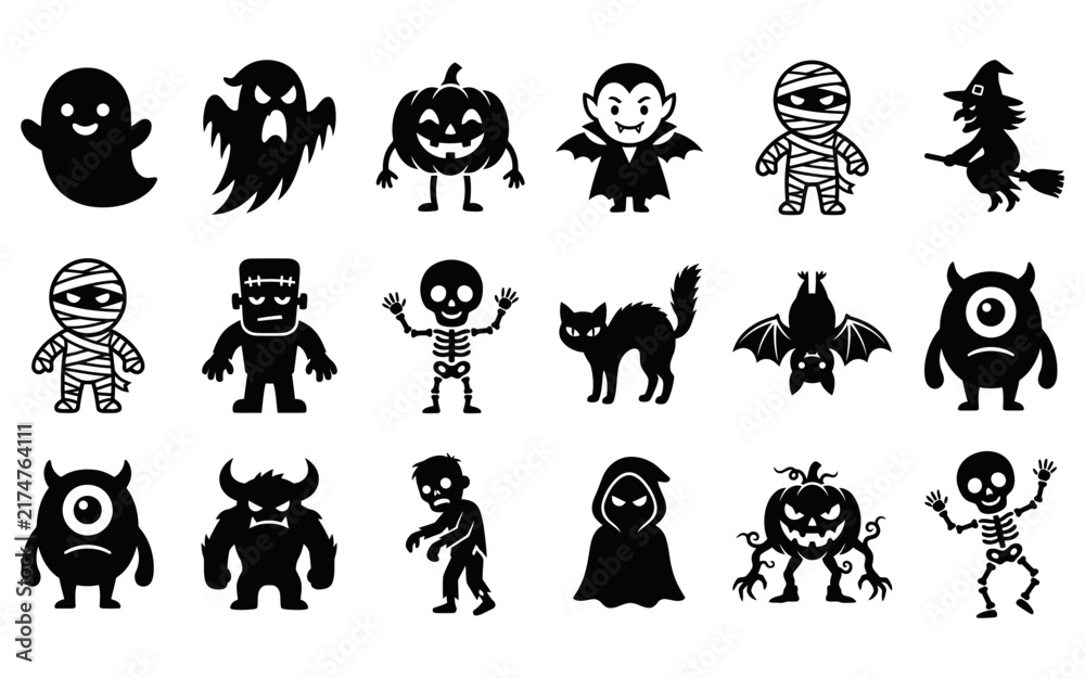 Obraz premium Set of cute black and white halloween monster icons featuring ghosts pumpkins vampires and various spooky creatures