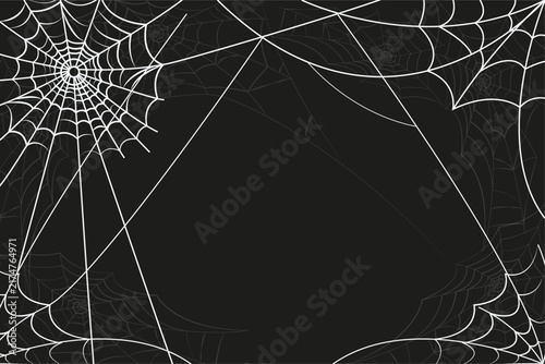 Spooky spider web border on black background, white cobweb frame for Halloween, gothic spiderweb vector illustration for party invitations