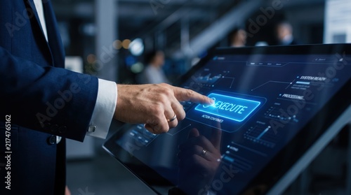 Fototapeta kuchenna Businessman touching execute button on futuristic digital interface screen, initiating automated system process in modern high-tech corporate environment, confirming action