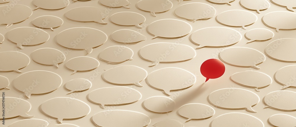 Fototapeta premium Red Speech Bubble Standing Out Among White Conversation Icons as Unique Voice, Opinion and Communication Concept