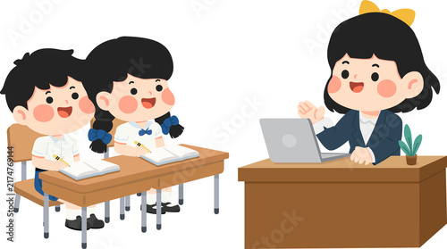 Students in uniform learning from teacher in classroom