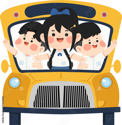 Happy students riding yellow school bus to school