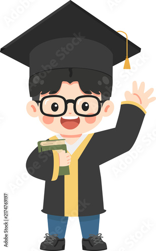 Young student in graduation gown waving hand