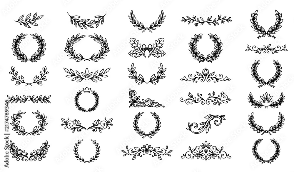 Fototapeta premium 30 Vintage Laurel Wreath Botanical Branch and Floral Divider Icons