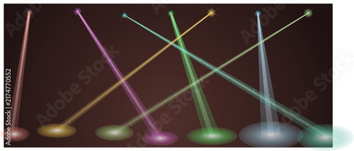 Abstract Colorful Laser Light Beams with Glowing Spotlights on Dark Background
