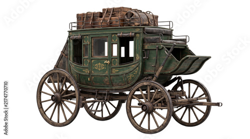 Vintage green stagecoach with wooden luggage, antique horse-drawn carriage on white background, rustic western transport wagon