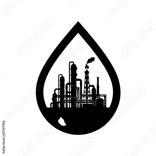 silhouette of an oil refinery featuring towers, pipes, and smokestacks neatly framed inside a large liquid oil drop. Ideal for environmental concepts, energy policies, petroleum industry presentations