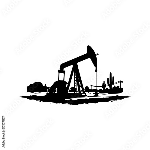 Minimalist black and white silhouette of an onshore oil pumpjack set against a flat desert horizon with sparse hills and cacti. Ideal for energy, environmental, and industrial concept designs.
