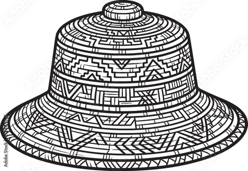 Native American traditional woven basket hat with intricate geometric patterns, black and white line art vector illustration, isolated on white background