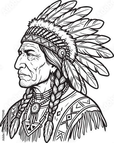 Native American tribal chief portrait with feathered war bonnet, black and white line art vector illustration, isolated on white background
