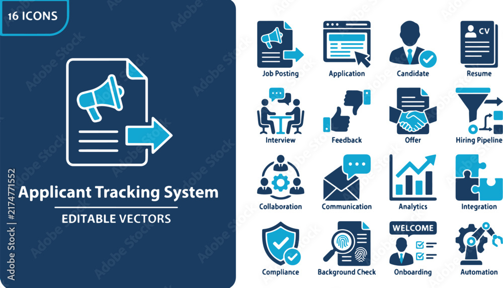 Naklejka premium Comprehensive Set of Professional Recruitment and Talent Management Icons for Human Resources Systems
