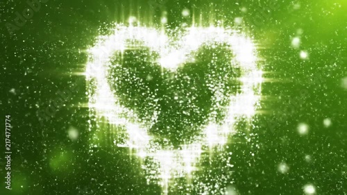 Glowing Heart Shape Sparkles in Bright Green Background Watching Over