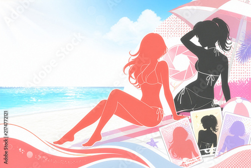 Plakat w ramie 浜辺でビキニ姿の女性たちが傘をさして楽しむ夏のシーン
