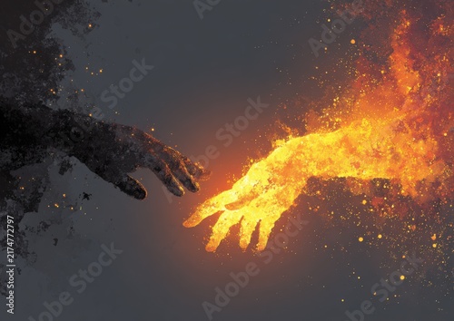 Abstract illustration of two hands reaching towards each other, one hand depicted in dark tones and the other in fiery orange, set against a dark background