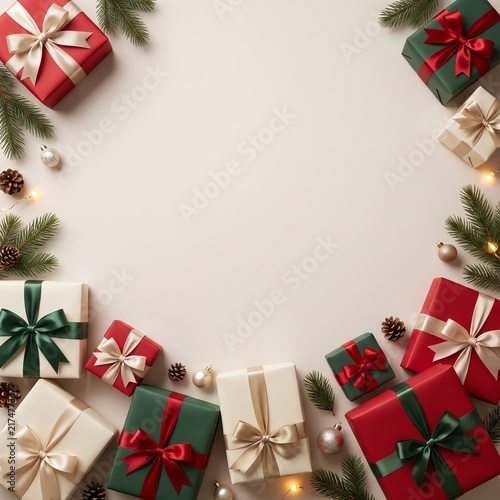 Christmas Gift Background with Presents and Pine Branches