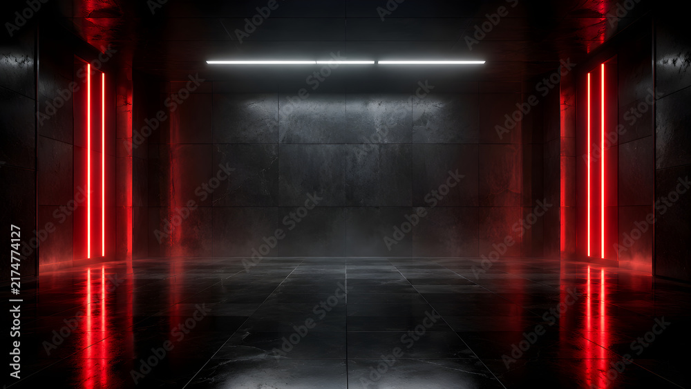 Fototapeta premium A futuristic dark empty concrete corridor with red and white neon lights and reflections on the wet floor 3d rendered