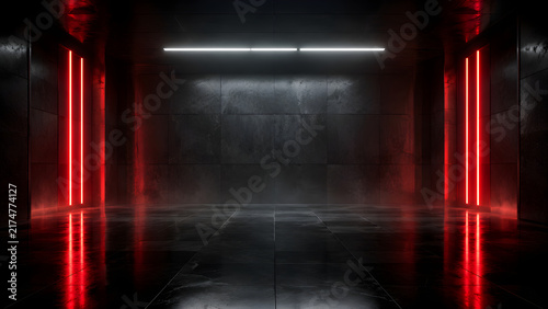 A futuristic dark empty concrete corridor with red and white neon lights and reflections on the wet floor 3d rendered