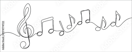 Bild auf Leinwand Music notes and treble clef continuous single line drawing, abstract sheet music