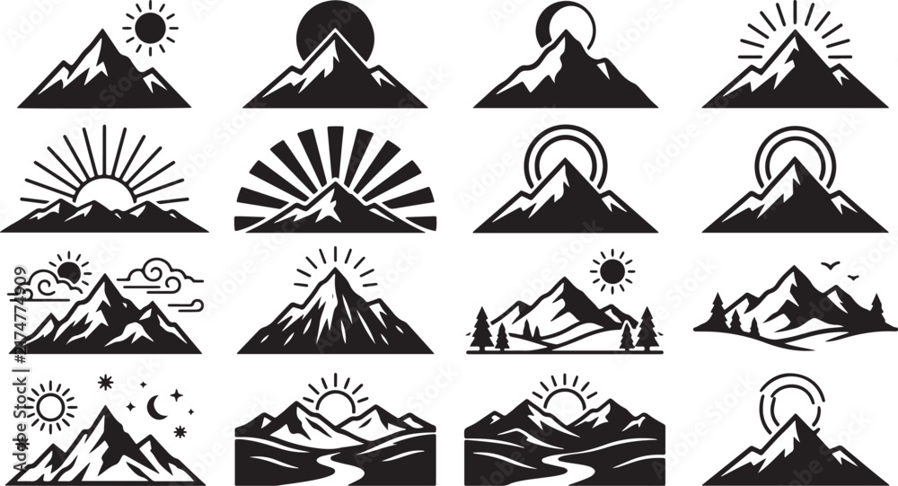 Fototapeta premium Collection of sixteen black and white mountain with sun, moon, stars, and clouds representing different times of day on white background