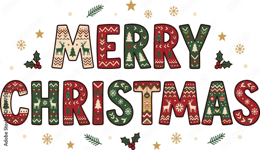 Fototapeta premium Merry Christmas Decorative Typography Banner with Nordic Ugly Sweater Patterns Deer Pine Trees and Snowflakes for Holiday Greeting Cards and Graphic Designs