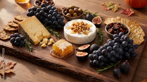Luxury autumn charcuterie grazing board with brie honey walnuts aged cheese grapes figs and crackers on live edge wood