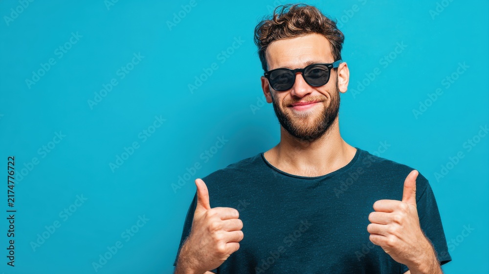 Naklejka premium Smiling man wearing sunglasses giving thumbs up gestures against bright solid blue background, casual dark teal t-shirt, cheerful mood, lifestyle concept, summer vibe, positive attitude, happiness.