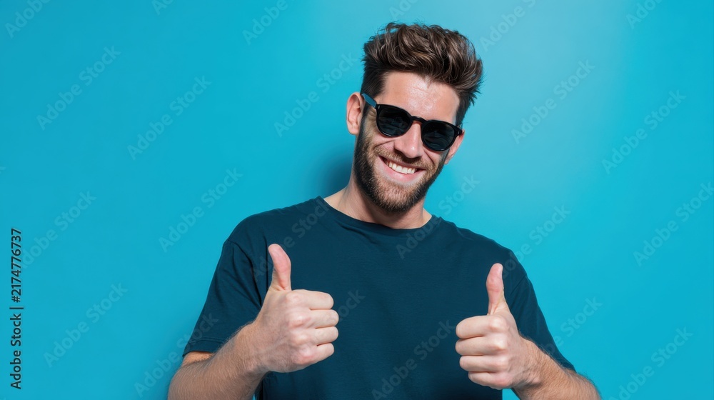 Naklejka premium Smiling man wearing sunglasses giving thumbs up gestures against bright solid blue background, casual dark teal t-shirt, cheerful mood, lifestyle concept, summer vibe, positive attitude, happiness.