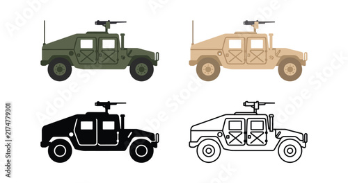 Set of four military humvee vehicle icons in different styles including flat and outline designs