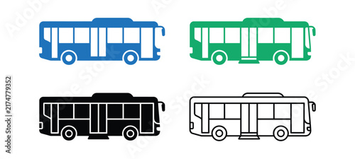 Set of city bus icons in blue green black and outline styles for public transport design