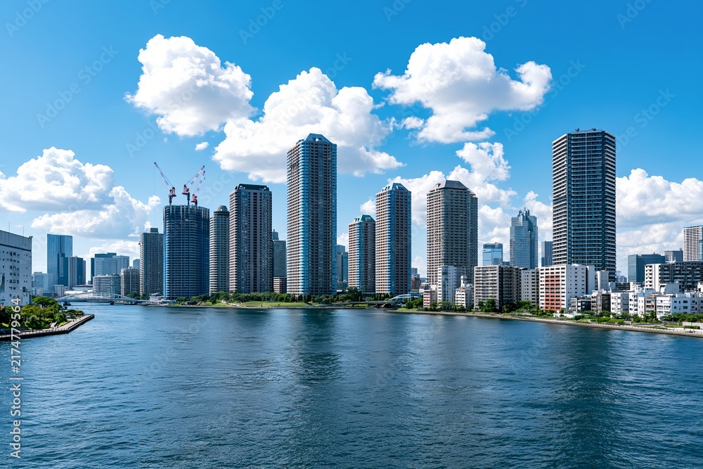 Obraz premium 青空の下に広がる東京湾岸エリアの高層ビル群の風景
