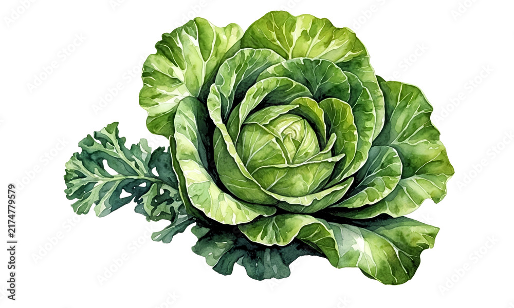 Fototapeta premium Watercolor Green Cabbage Botanical Illustration – Fresh Vegetable Clipart Transparent PNG for Kitchen Decor, Farm Market, Food Design