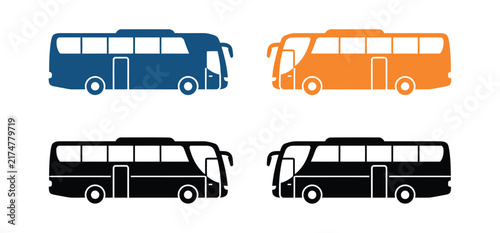 Set of four simple bus icons in blue orange and black colors for transport and travel design