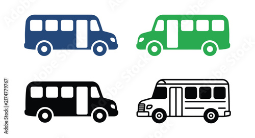 Set of four different bus icons in blue green solid black and outline styles for transportation design